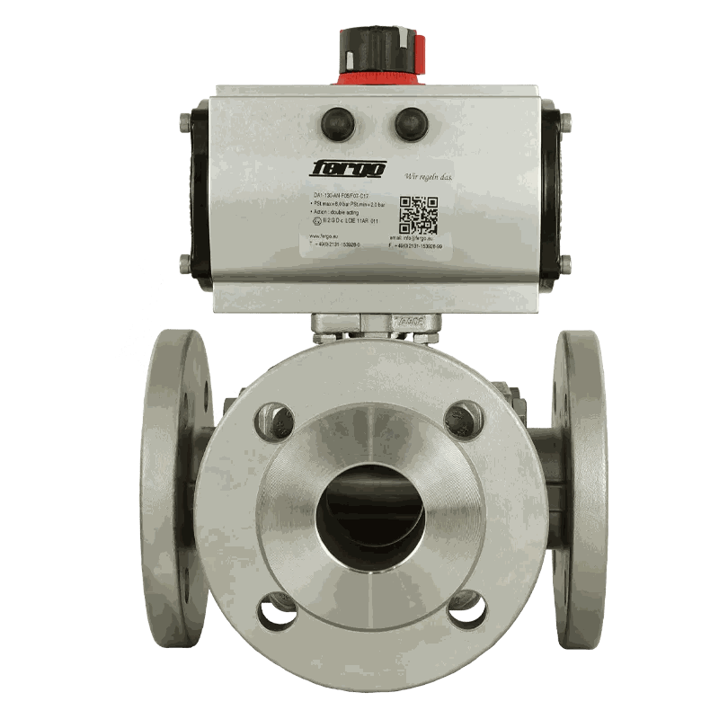 KT112 Vanne boisseau à 3 voies DN 25 PN 16/40 T alésage inox actionneur pneumatique à double effet Vanne à bille à 3 voies à brides avec actionneur pneumatique