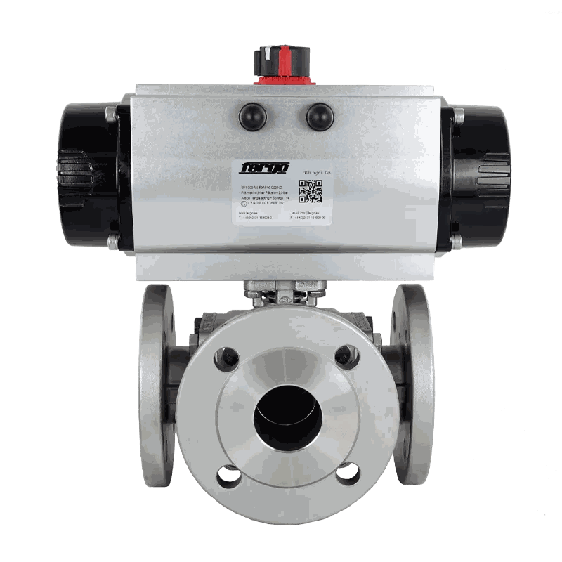 KT112 Vanne boisseau à 3 voies DN 100 PN16/40 T alésage inox actionneur pneumatique à simple effet Vanne à bille à 3 voies à brides avec actionneur pneumatique simple effet