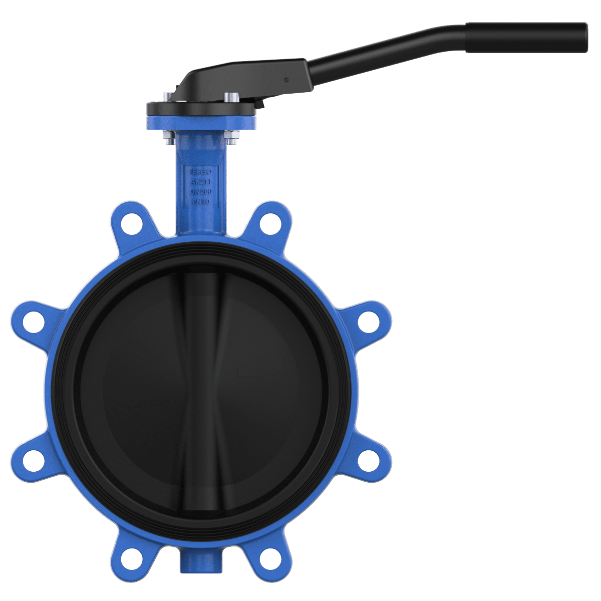 Anflansch-Absperrklappe DN200 PN10 GGG40 mit EPDM-Sitz Anflansch-Absperrklappe DN200 PN10 aus GGG40 mit EPDM-Sitz und Handhebel
